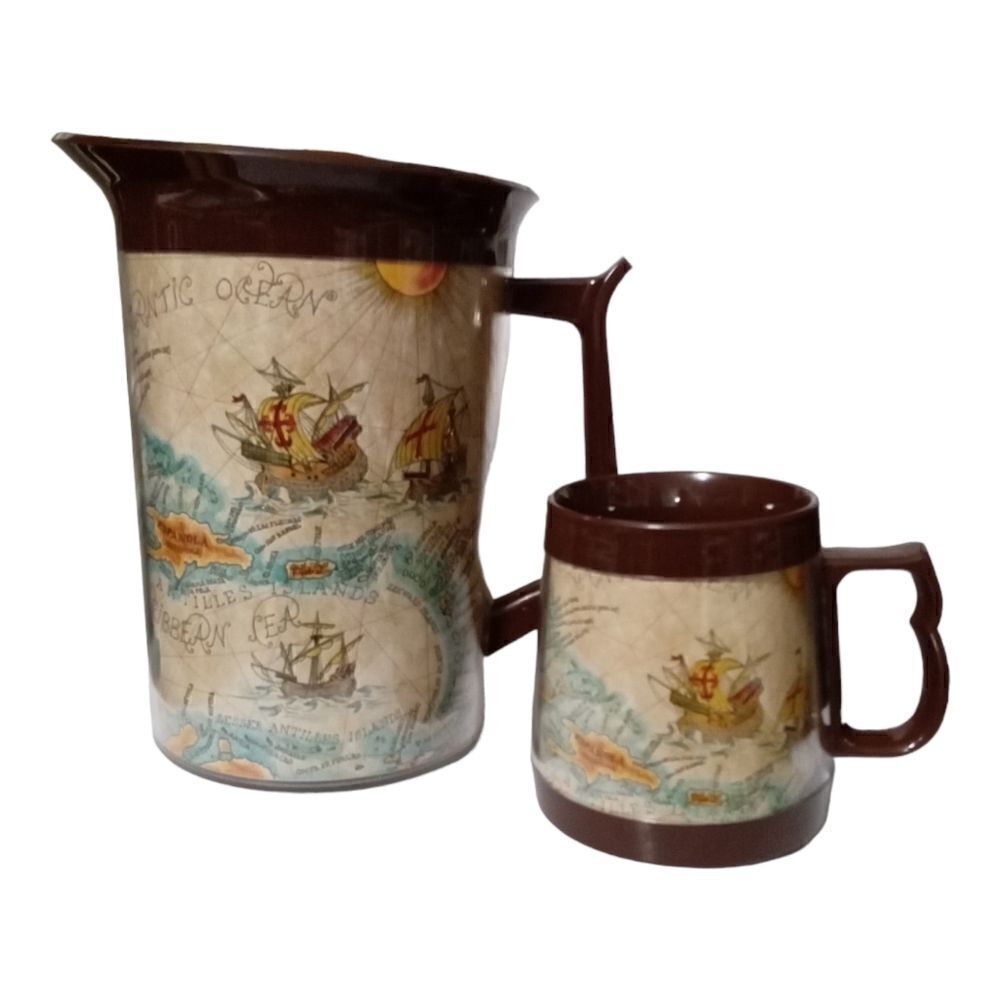 Vintage Thermo-Serv Pitcher with lid and cup 1976 Allover Map Graphics Brown